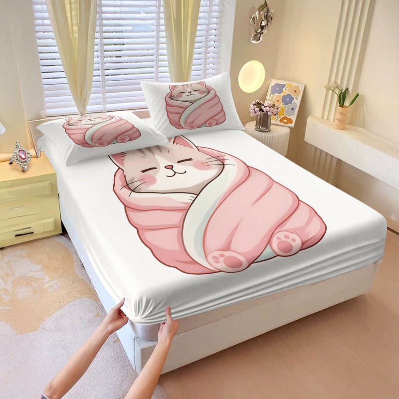 Fitted Bed Sheets Deep Pocket - Set Sprei Motif Kucing Lucu, Set