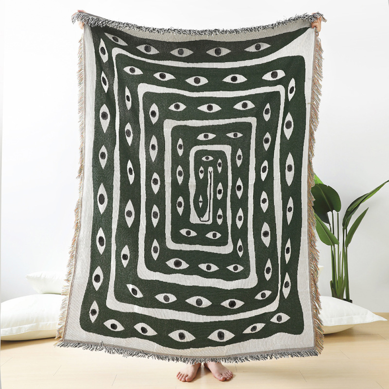 Boho Throw Blanket Fringe - Selimut Jacquard Hijau Putih Motif Mata