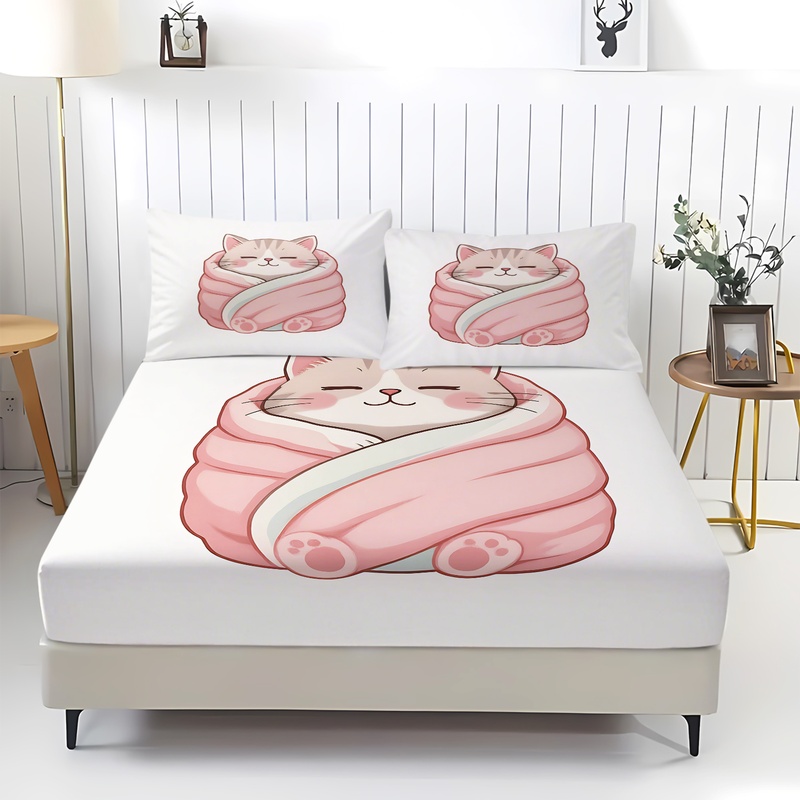 Set Sprei Motif Kucing Lucu, S - Fitted Bed Sheets Deep Pocket ulasan dan harga