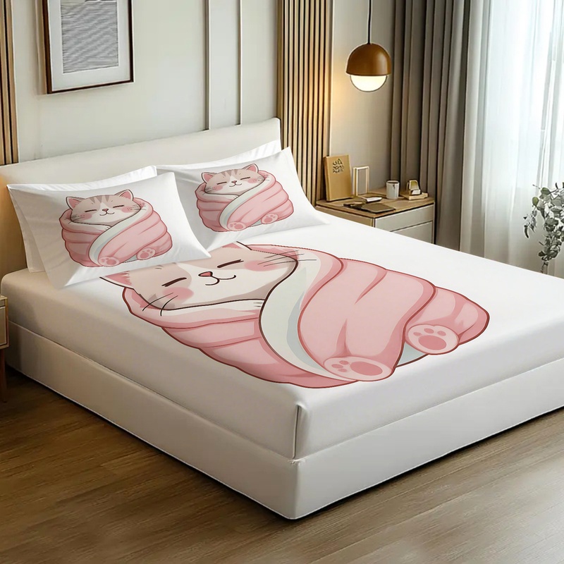 Set Sprei Motif Kucing Lucu, S - Fitted Bed Sheets Deep Pocket ulasan dan harga